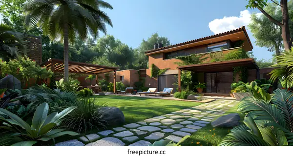 Courtyard of a Modern House with Tropical Plants