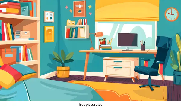 Cartoon Illustration of a Cozy Home Office with a Desk, Bookshelf, and a Bed