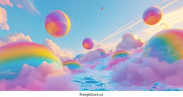 Dreamy Rainbow Spheres Floating Above Clouds