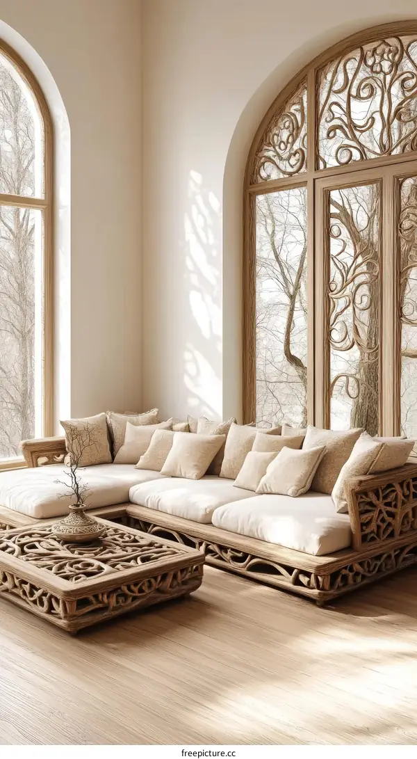 Elegant Wooden Sectional Sofa Set in a Modern Living Room