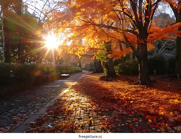 The path in the park is full of fallen leaves in autumn