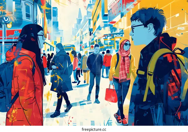 Illustration of a diverse group of people walking on a city street