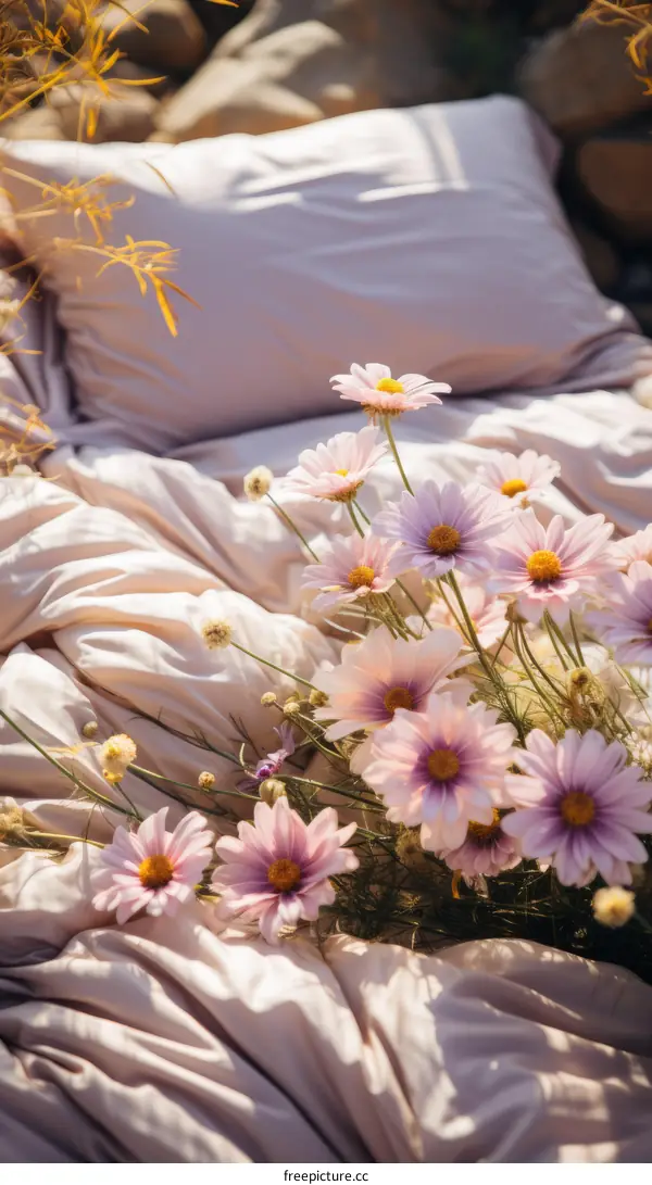 An arrangement of pink daisies on a pink sheet