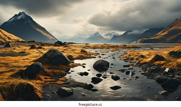 stones in a river in front of a mountain range