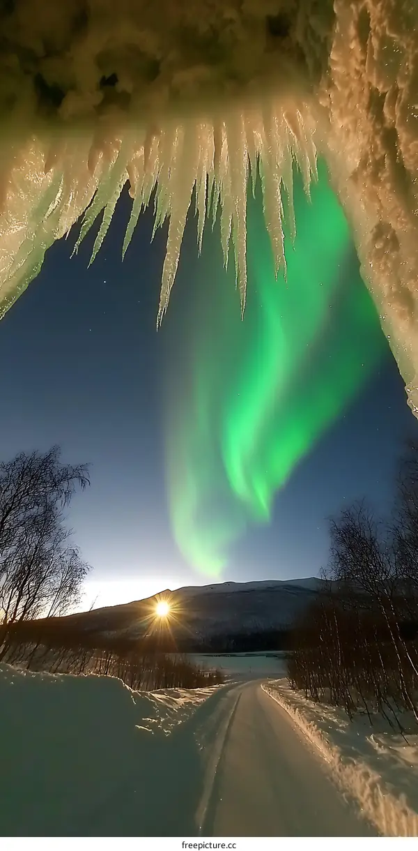Aurora Borealis View From Icicle Covered Cave
