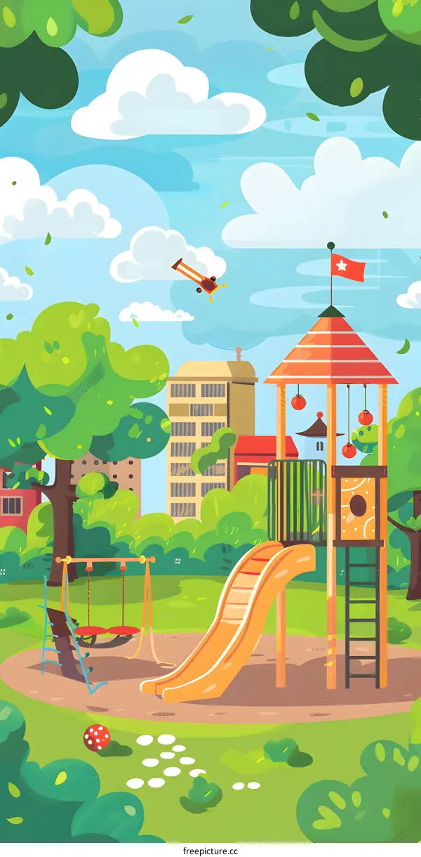 Colorful Illustration of a Playground with a Slide, Swing, and a Tower