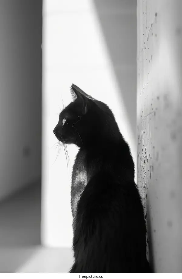 Black Cat Basking in Sunlit Window Nook