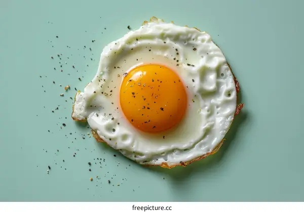 Fried egg with runny yolk and crispy edges on green background