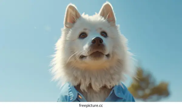 A cute white dog wearing a blue shirt is looking up at the sky