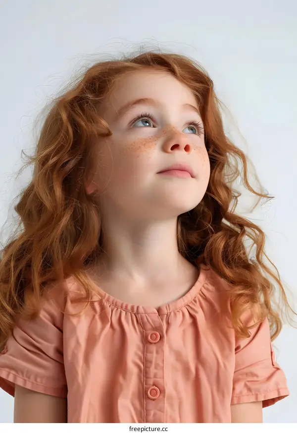 Portrait of a cute redheaded girl looking up