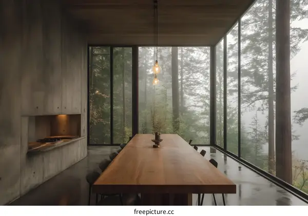 Modern Minimalist Home Dining Room With Forest View