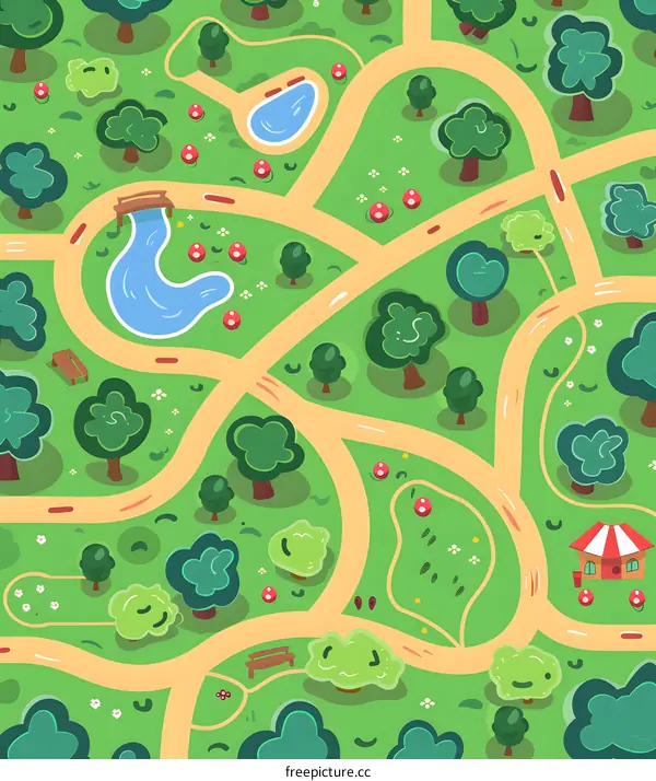 Cartoon  Park Map with Paths and Trees