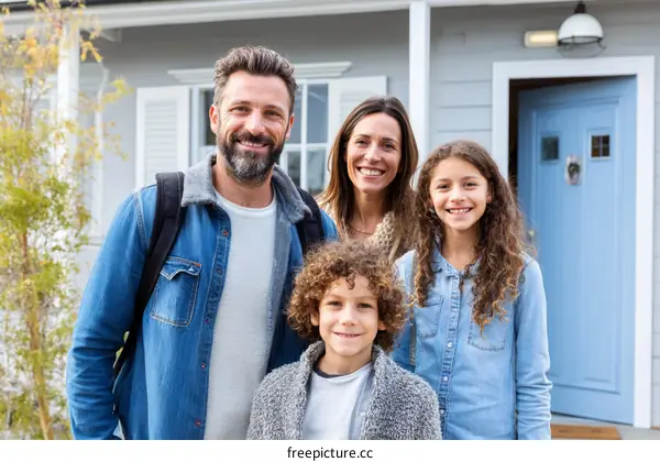 Happy Family Portrait in Front of Home
