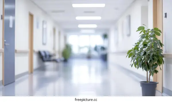 Empty Hospital Corridor with Green Plant