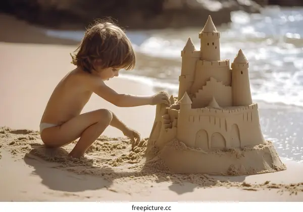 Little girl building a sandcastle on the beach
