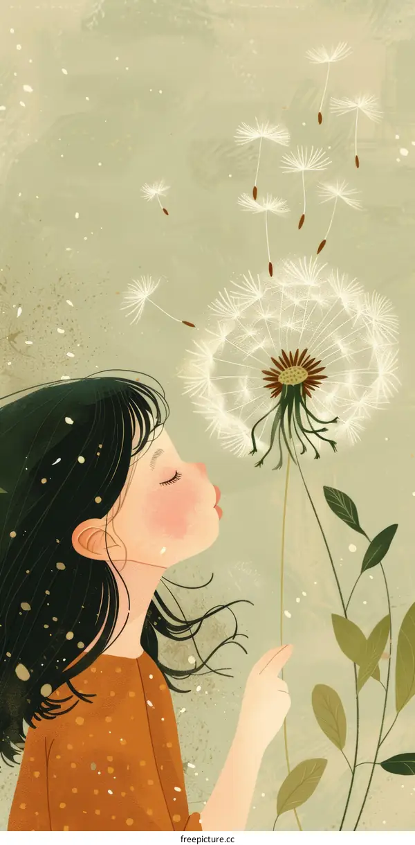 Little girl blowing dandelion seeds in the wind