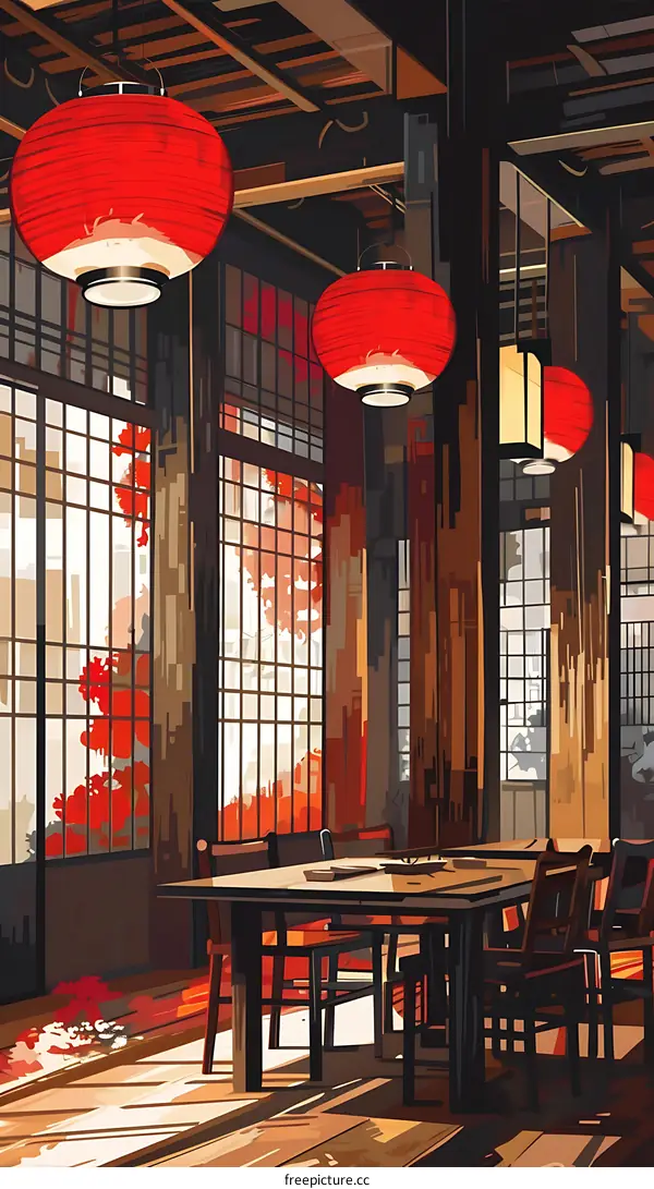 Japanese Style Interior Design with Red Lanterns
