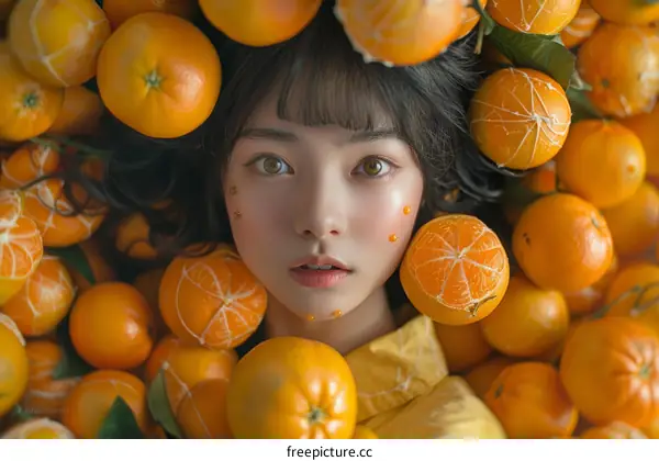 An Asian woman with oranges