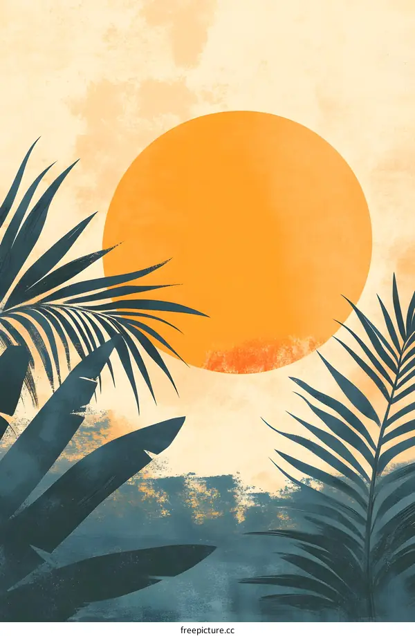 Tropical Sunset with Palm Leaves and Large Sun