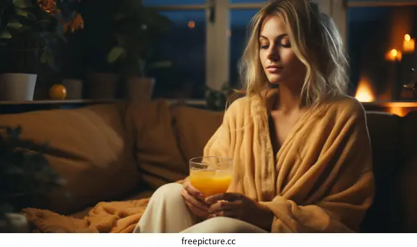 A relaxed woman in a bathrobe is sitting on a couch and holding a glass of orange juice.