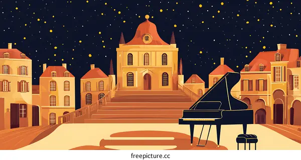 Night Scene with Piano in Front of City Buildings