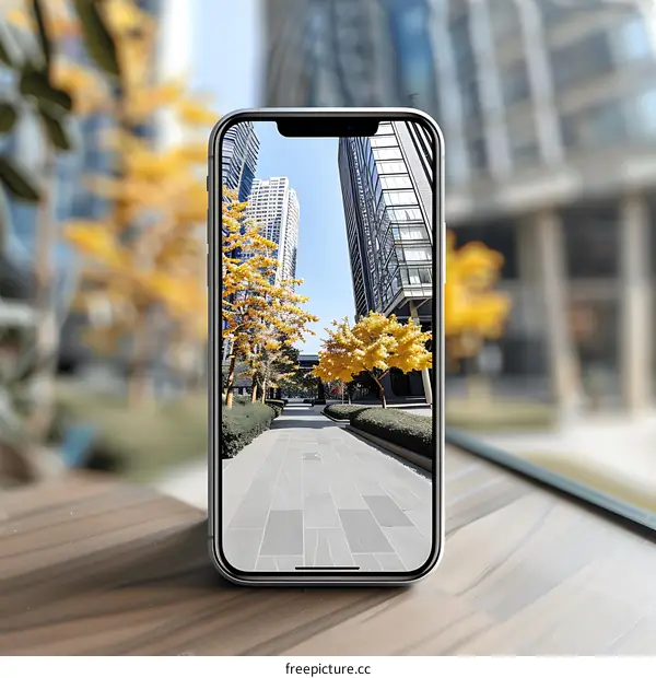 Smartphone Screen Displaying Cityscape With Trees