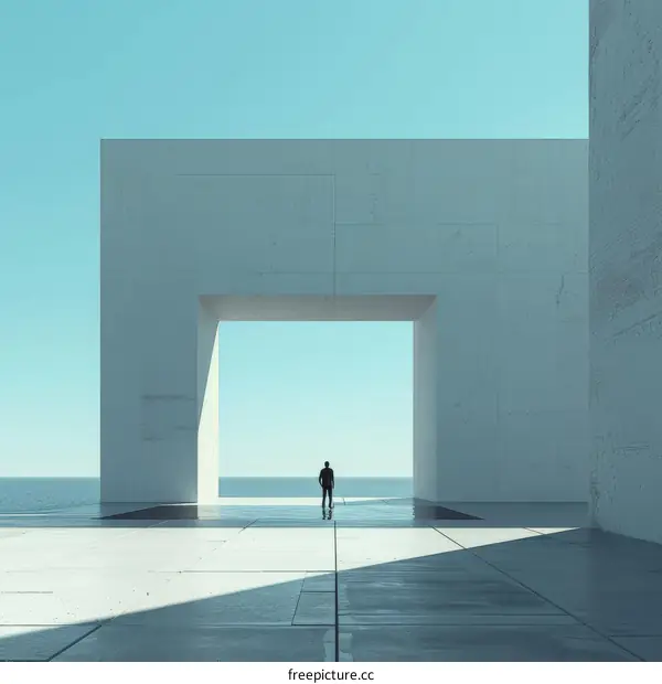 Man standing alone in minimal futuristic city