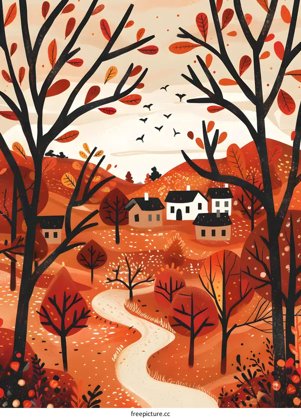 Autumn Landscape with Winding Road and Houses