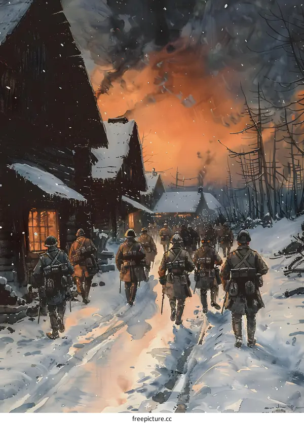 A group of soldiers walking through a snowy village during the First World War