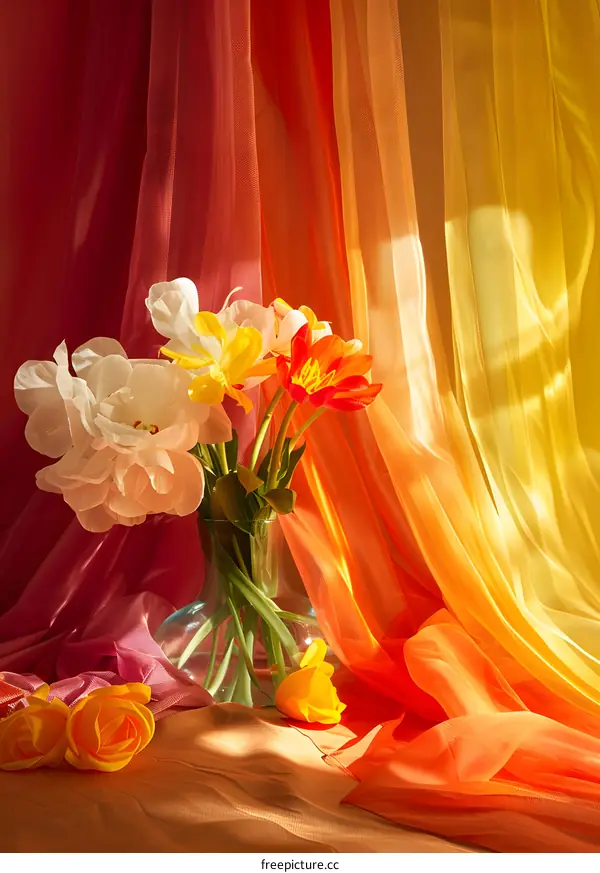 Colorful Silk Curtains and Flowers Still Life Photography
