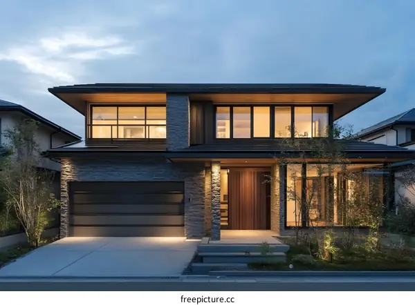 Modern House Exterior with Stone Facade and Garage