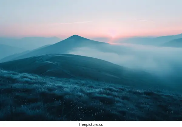 Foggy mountain landscape with a hill in the foreground and a large mountain in the background