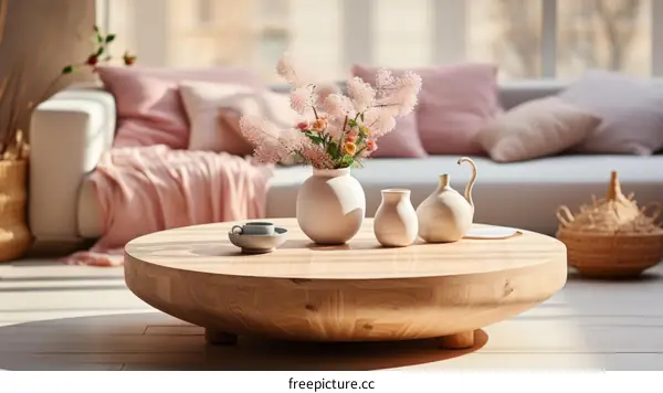 A beautiful living room with a coffee table, vase, and flowers