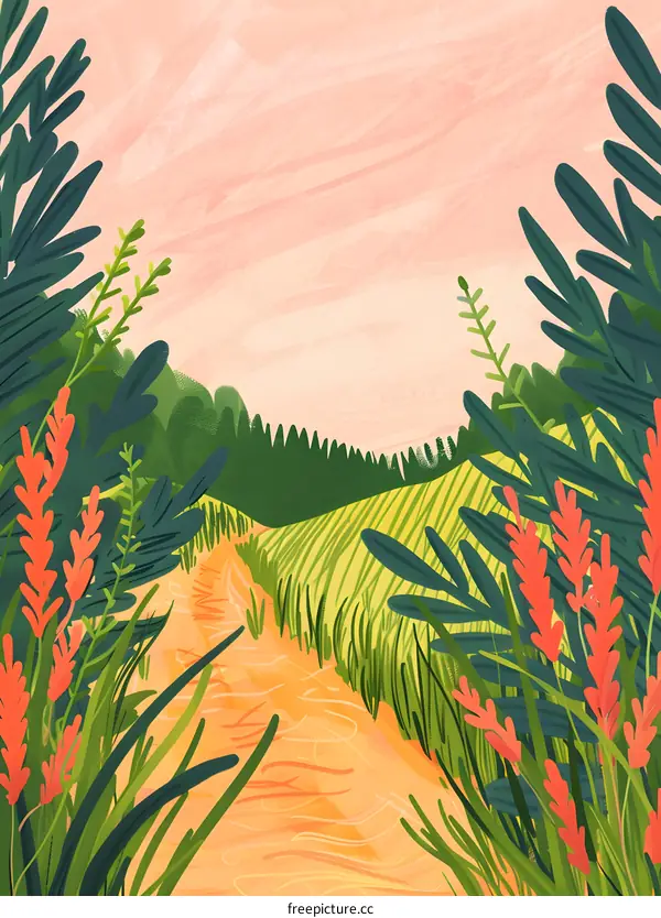 Peaceful Countryside Landscape with Path and Lush Green Foliage