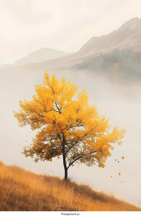Autumn Landscape with a Single Tree in the Fog