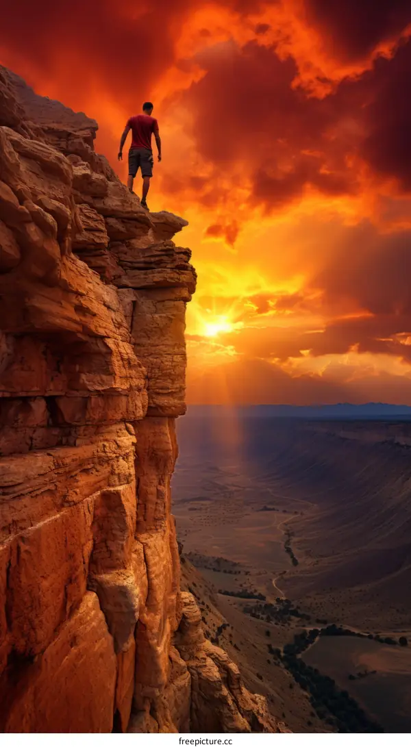 Man standing on a cliff edge overlooking a canyon at sunset