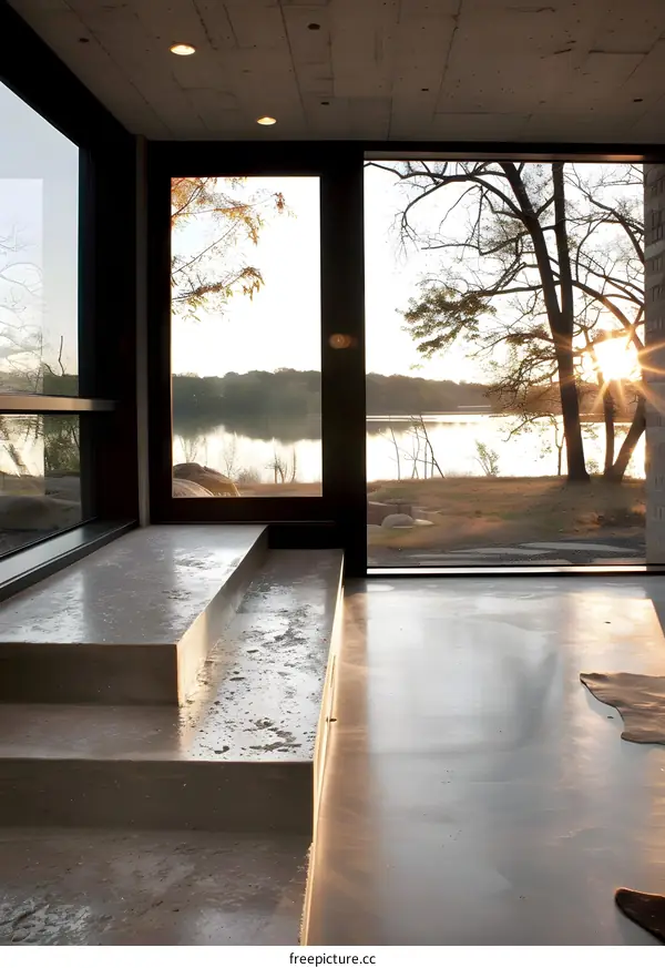 Modern House With Large Windows Overlooking Lake