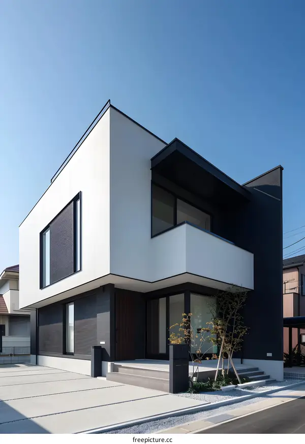 Modern Minimalist House Exterior Design with White Walls and Black Accents