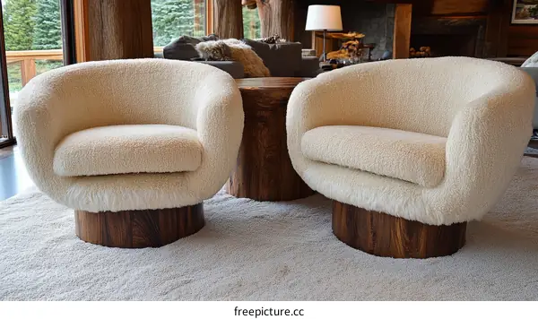 Two Creamy Beige Sherpa Swivel Chairs in a Living Room