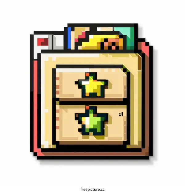 A pixelated image of a file cabinet with two green and yellow stars on it
