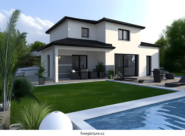 Modern House with Swimming Pool and Lawn
