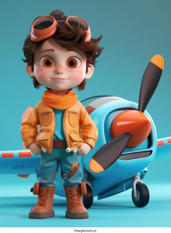 A cartoon boy standing next to a blue airplane