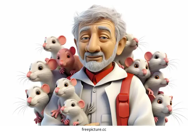 An elderly scientist surrounded by a group of rats