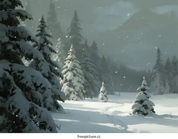 A Serene Winter Landscape with Snow-Covered Pine Trees