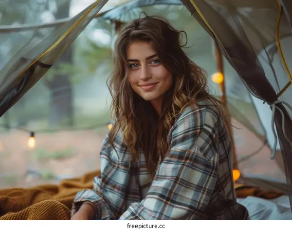 Young woman with long brown hair smiling in a tent