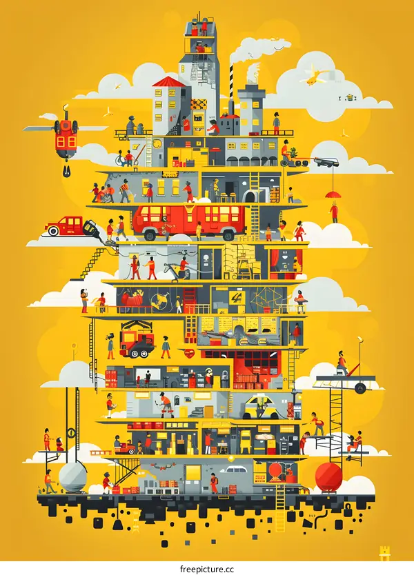 Layered City Illustration with Diverse People and Colorful Buildings