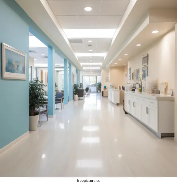 The interior of a modern medical clinic with blue walls and white cabinets