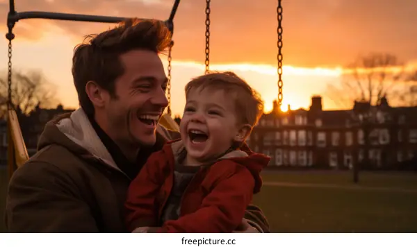 Father and son playing on a swing set at sunset