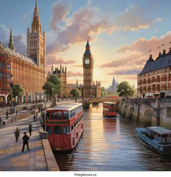 An illustration of the Palace of Westminster and the Houses of Parliament in London, England