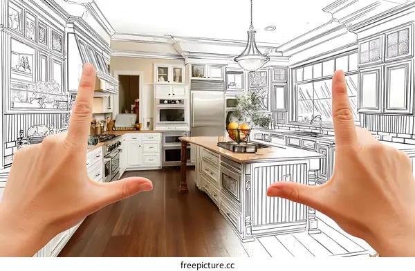 Kitchen Design Blueprint with Hands Illustrating Plan